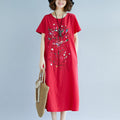 Women's Summer Ethnic Artistic Linen Cotton Embroidered Short Sleeve Loose Dress + Lo - Yellow