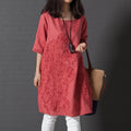 Korean Style Plus Size Cotton Linen Embroidered Short Sleeve Dress