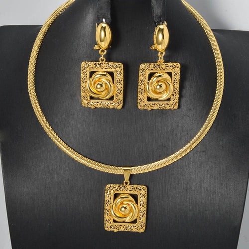 Overseas Fashionable Western Elegant 18K Gold Geometric Flower Cutout Pendant Earrings Necklace 2-Piece Set Wholesale OK