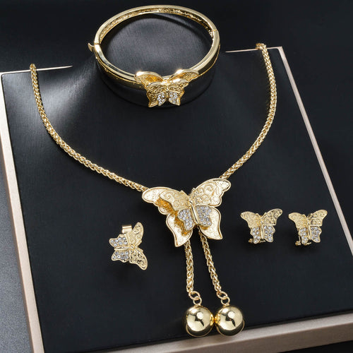 Overseas Bestseller Western Light Luxury 18K Rhinestone Butterfly Pendant Necklace Bracelet Set Earrings Ring India Women Set