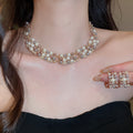 Palm Top Bright Bead _ Sparkle Dazzling Rhinestone Beaded Pearl Stud Earring Necklace Set French Retro Premium Exquisite Accessory