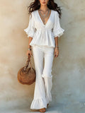 Summer Casual Fashion Short Sleeve V-Neck Tie-Front Ruffle Shirt Set