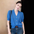 Women's Summer Knit Short Sleeve V-Neck Hollow-Out Cardigan + Top 2026 - Blue