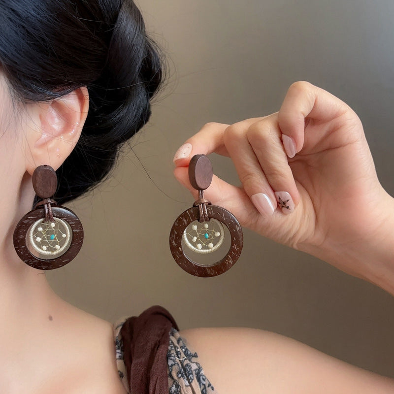 Bohemian Geometric Wooden Flower Stud Earrings - view 7