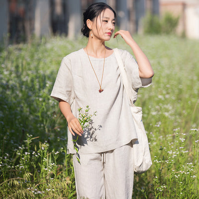100%汉麻单雨露14支吸湿排汗除异味抗菌抑菌短袖宽松老钱风女T恤