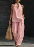 Women's Summer Casual Fashion Sleeveless Loose Wide Leg Pants 2-Piece Set 2026 - Black