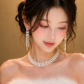 Silver Month Princess Breeze Rhinestone Multi-Layer Pearl Necklace Light Luxury Niche Clavicle Chain Socialite Date Earrings Women