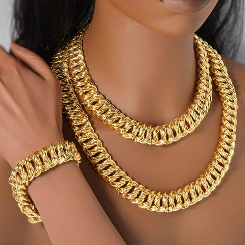 Overseas Dubai Gold Accessory Large Link Chain Statement Cuban Chain Necklace Bracelet Set Real Sky Plated Copper Gold Plated