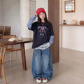 Girls' Cartoon Print Faux Layered Tee & Denim Wide-Leg Pants Set