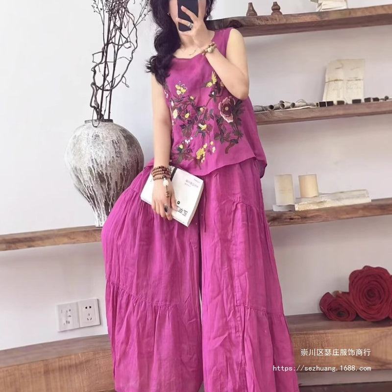 Women's Summer Artistic Retro Ramie Embroidered Loose Straight Leg Wide Leg Pants + T - Tank