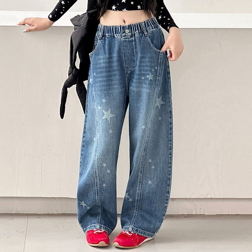 Girls' Star Print Spliced Wide-Leg Jeans