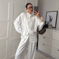 Women's Summer New Chinese Satin Stand Collar Frog Button Shirt + Pants 2-Piece Set 2 - White