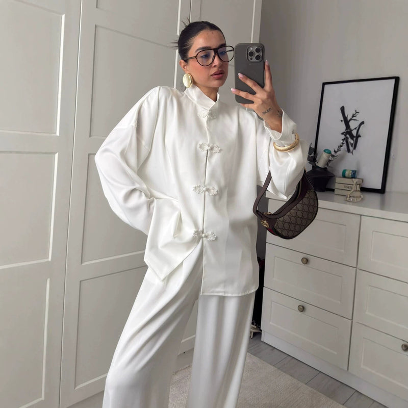 Women's Summer New Chinese Satin Stand Collar Frog Button Shirt + Pants 2-Piece Set 2 - White