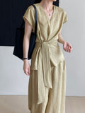 Slimming V-Neck Tie-Front Waist-Tie Wide Leg Pants + Top 2-Piece Set