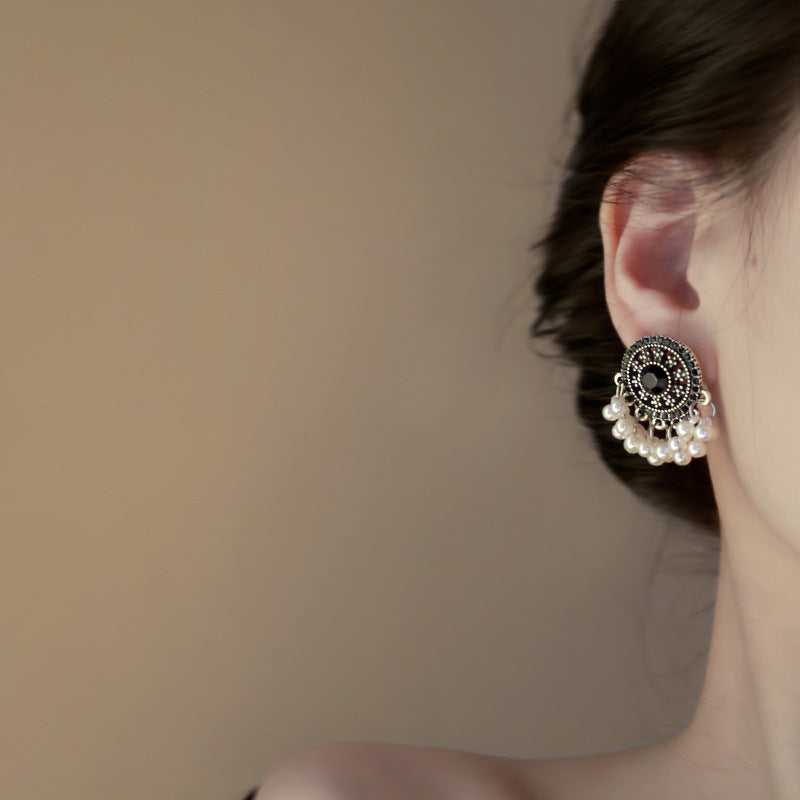 Pearl and Rhinestone Tassel Stud Earrings - view 3