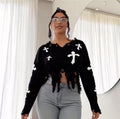Cross Pendant Distressed Fringe Knit Pullover Sweater, Dark Style