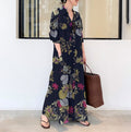 Women's Japanese Casual Linen Cotton Long Sleeve Lapel Collar Printed Loose Dress + S - Navy Blue