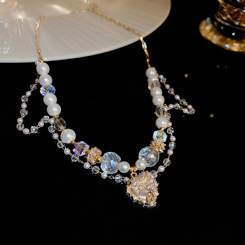French Multi-Layer Pearl and Rhinestone Necklace - view 12