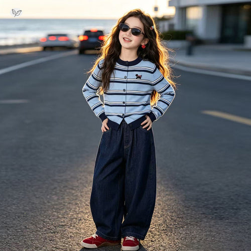 Girls' Striped Knit Cardigan & Jeans Set
