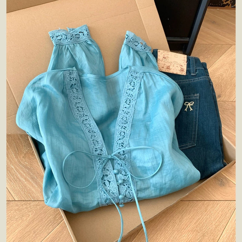 Women's New Chinese Luxury Ramie V-Neck Sun-Protection Lightweight Shirt 2026 - Blue