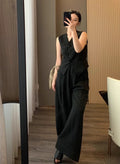 Summer Old Money Fashion Tencel Linen Sleeveless Wide Leg Pants + Vest 2-Piece Set