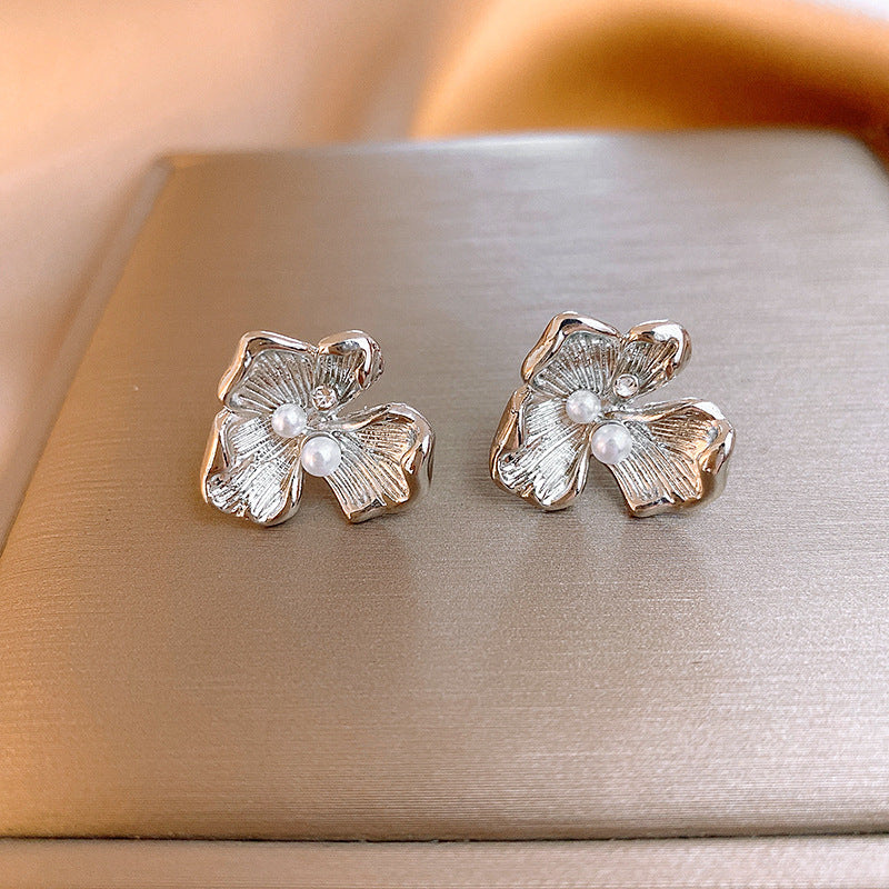 Vintage Rhinestone Flower Pearl Stud Earrings - view 6
