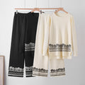 Women's Fall-Winter Ethnic Casual Crew Neck Pattern Wide Leg Pants + Top 2-Piece Set - Coffee