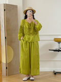 Women's Summer Ethnic Relaxed Ramie Embroidered 3/4 Sleeve V-Neck Loose Set 2026 - Pink Top