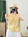Summer Korean Youthful Ramie Sleeveless V-Neck Patchwork Lace Trim Shirt