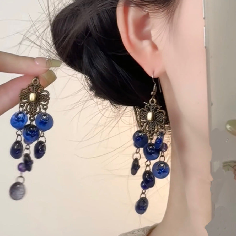 Chinese-Style Glass Bead Tassel Drop Earrings - view 7