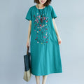Women's Summer Ethnic Artistic Linen Cotton Embroidered Short Sleeve Loose Dress + Lo - Yellow