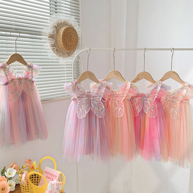 amazon rainbow wings mesh girls dress 2026 summer style flying sleeve baby princess dress puff skirt