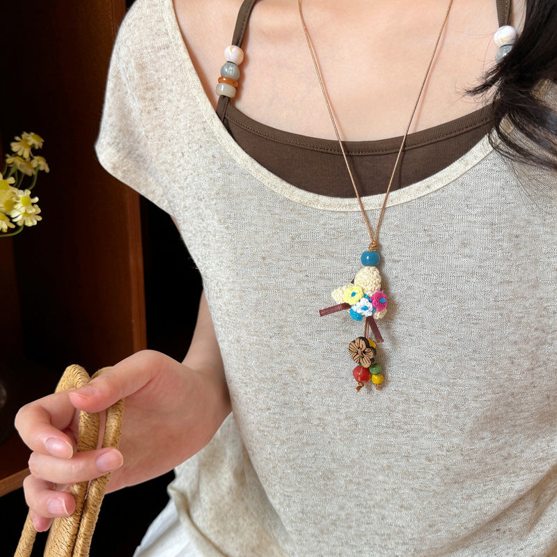 Bohemian Woven Straw Hat Pendant Necklace - view 6