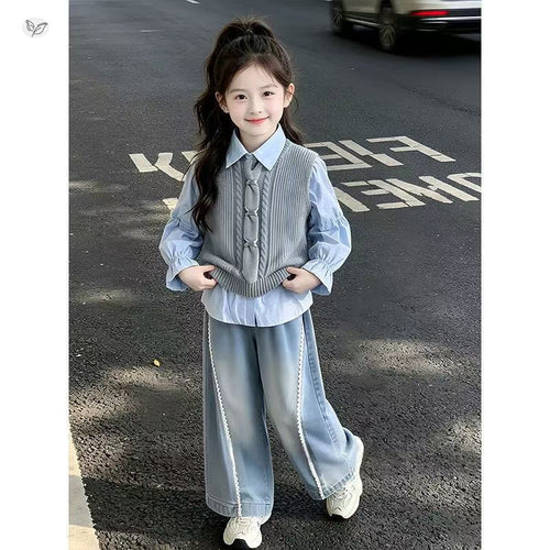 Girls' Korean Knit Vest Shirt Tank Jeans Three-Piece Set