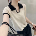 Women's Summer Elegant Unique Short Sleeve Lapel Collar Color-Block Knit Top 2026 - Off-White