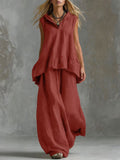 Spring-Summer Casual Fashion Linen Cotton Sleeveless Wide Leg Pants + Top 2-Piece Set