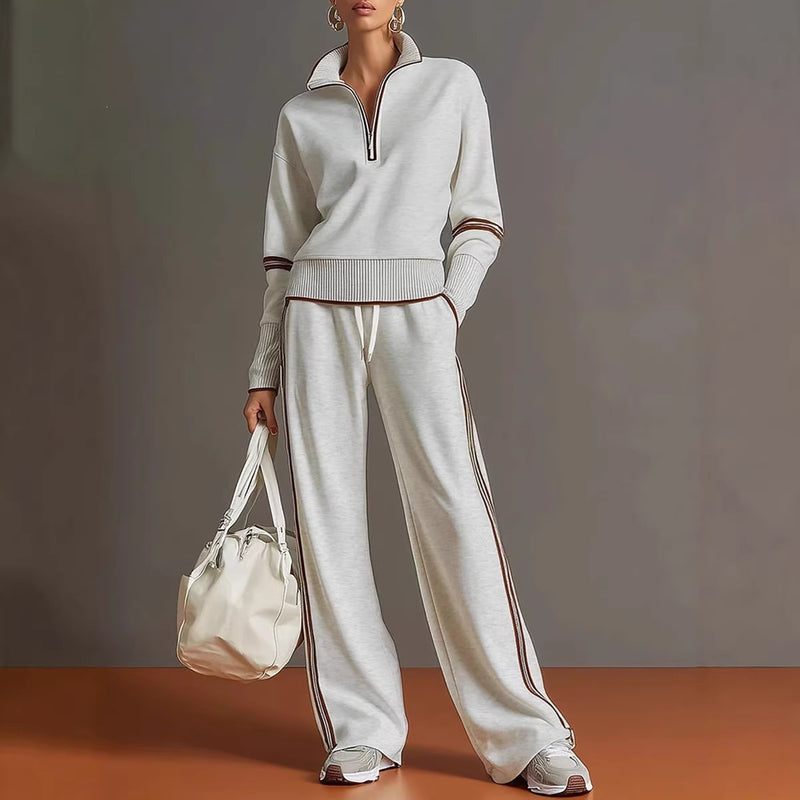 Sporty Casual Stand Collar Color-Block Wide Leg Pants + Hoodie 2-Piece Set
