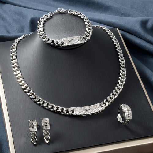 Western Hip-Hop Necklace Bronze Ba Bracelet Necklace Earrings Set Ring Set Hip-Hop Personality Rhinestone Simple Premium