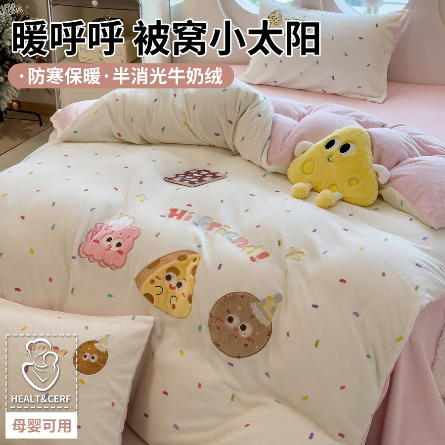 Cute Kitty Appliqué Milk Velvet 4-Piece Bedding Set - view 4