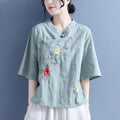Women's Summer Ethnic Retro Plus Size Linen Cotton Embroidered Stand Collar Diagonal - Khaki