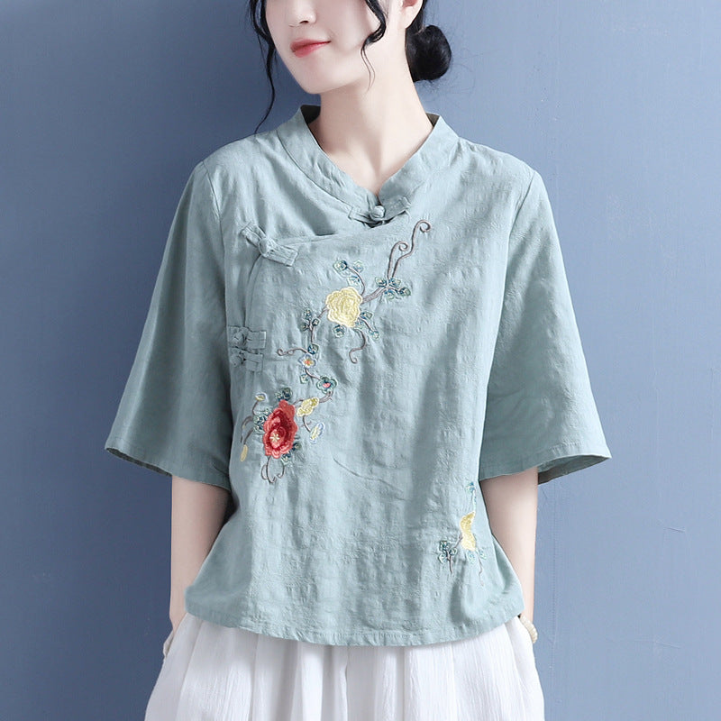 Women's Summer Ethnic Retro Plus Size Linen Cotton Embroidered Stand Collar Diagonal - Khaki