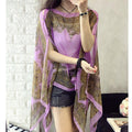 Women's Summer Ethnic Retro Chiffon Printed Lightweight Sun-Protection Top + Shawl + - Black