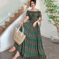 Rayon Floral Off-Shoulder Elastic Waist Bohemian Beach Dress