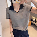 Women's Summer Elegant Unique Short Sleeve Lapel Collar Color-Block Knit Top 2026 - Off-White