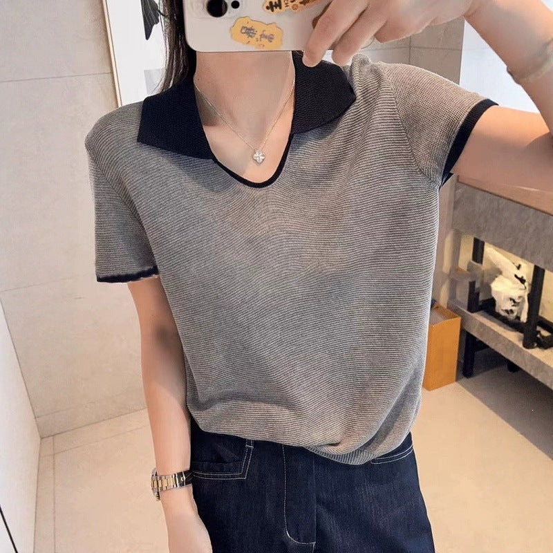 Women's Summer Elegant Unique Short Sleeve Lapel Collar Color-Block Knit Top 2026 - Off-White