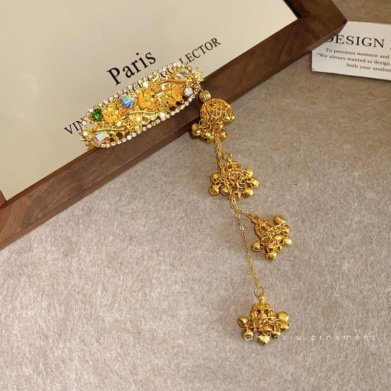 Rhinestone Oval Flower Bell Tassel Hair Clip - view 2