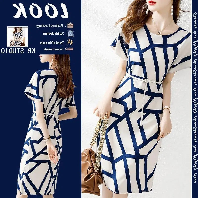High-End Striped High Waist Slimming Mid-Length Dress