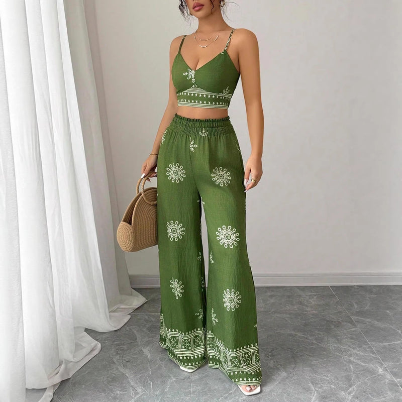 Women's Summer Printed Wide Leg Camisole Set 2026 | 2 Piece Outfit Set - Green