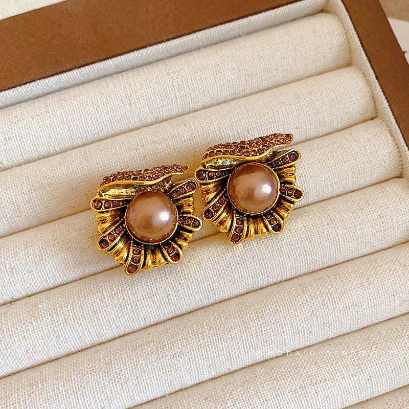 Vintage Rhinestone Flower Pearl Stud Earrings - view 4