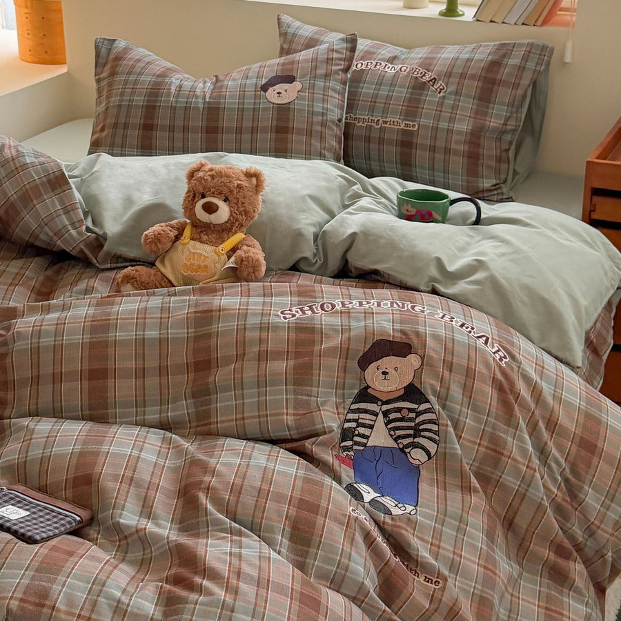 Reading Bear Plaid Embroidered Cotton 4-Piece Bedding Set - view 4